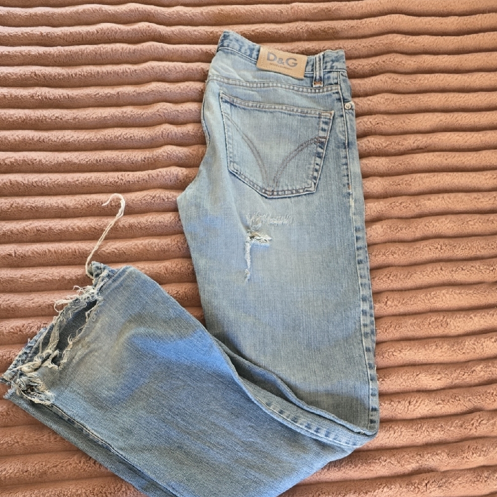 D&G Vintage Faded, Ripped Blue Bootcut Jeans